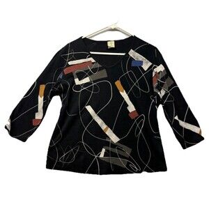 Jess Jane Shirt Top Womens Large Black Wearable Art Abstract Casual 3/4 Sleeve